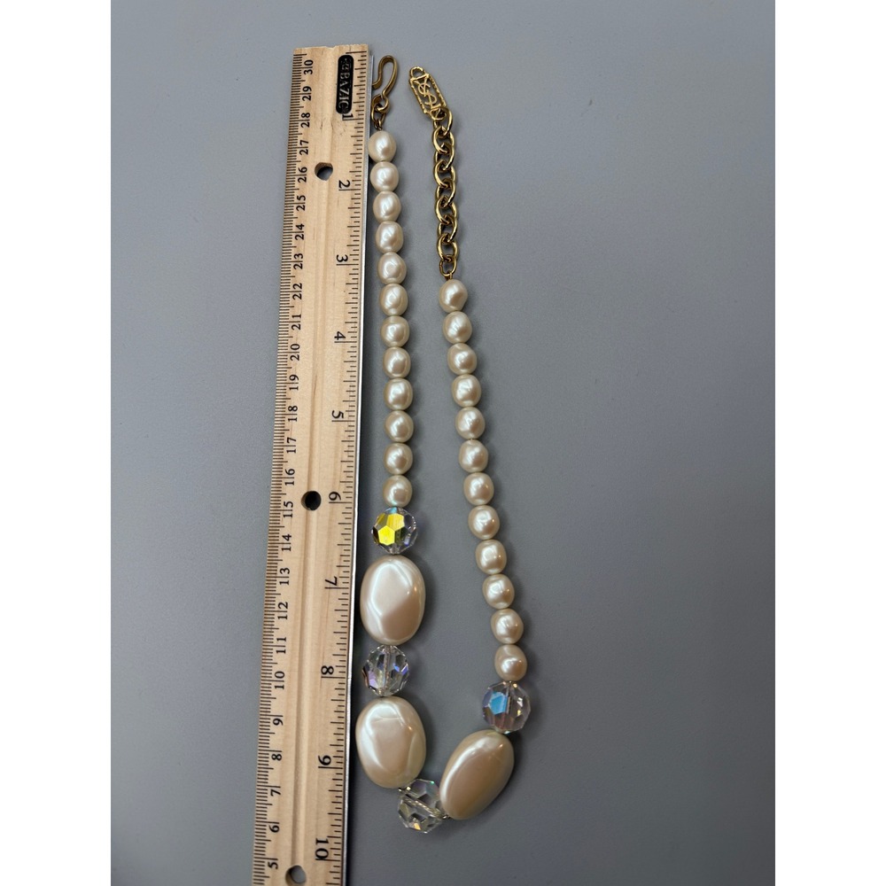 Vintage YSL Yves Saint Laurent Faux Pearl and Crystal Statement Necklace #1049 - Picture 4 of 5